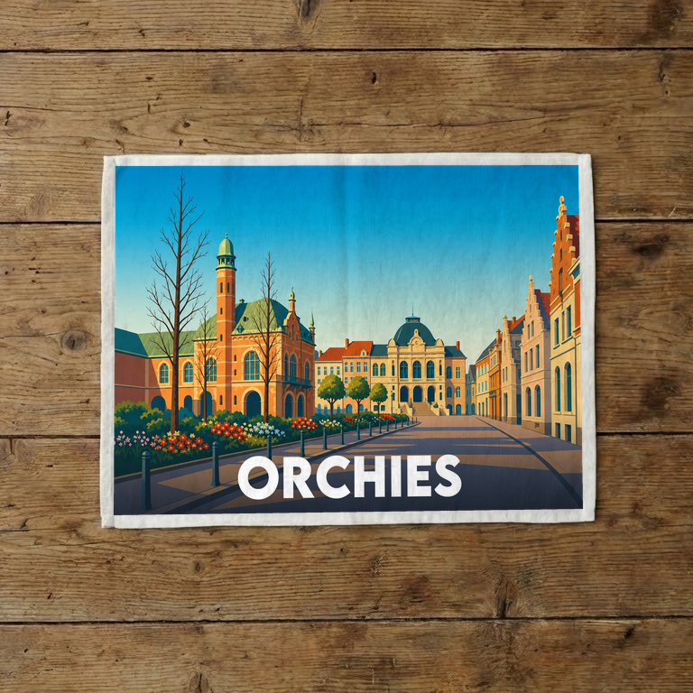 Torchon souvenir de la ville d'Orchies illustré par une vue stylisée de sa place principale et de son architecture typique.