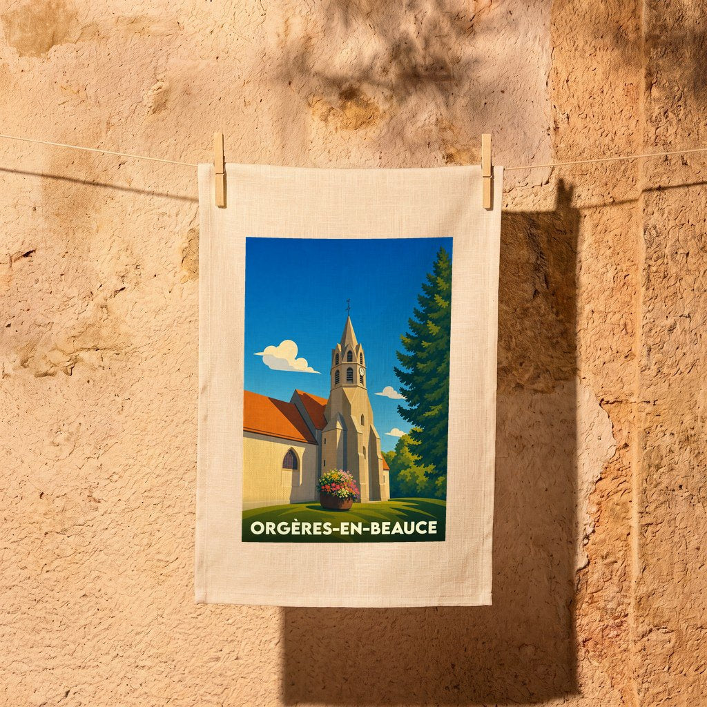 Torchon souvenir de la ville d'Orgères-en-Beauce avec une illustration stylisée de son église.