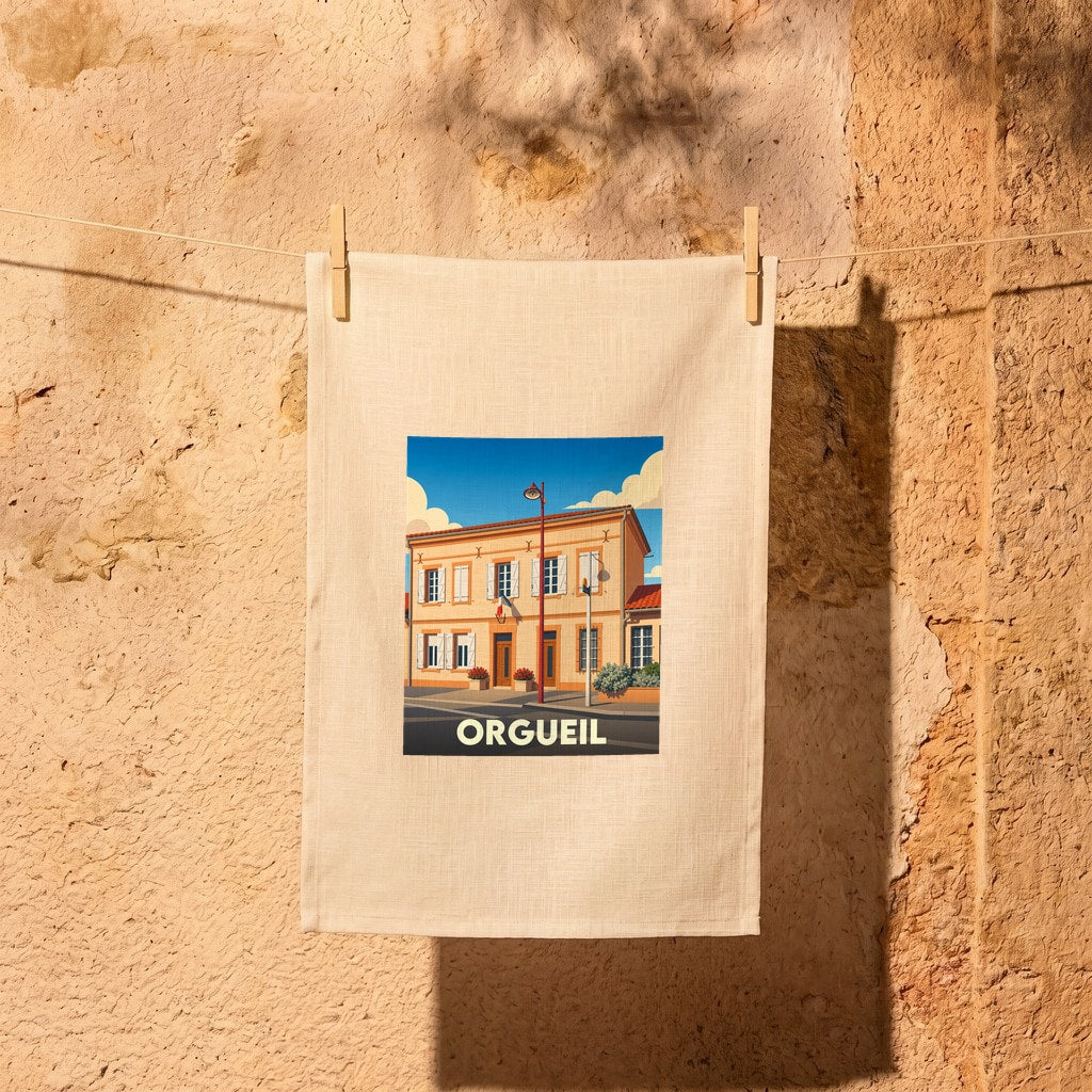 Torchon souvenir de la ville d'Orgueil avec une illustration stylisée d'un bâtiment typique sous un ciel bleu.