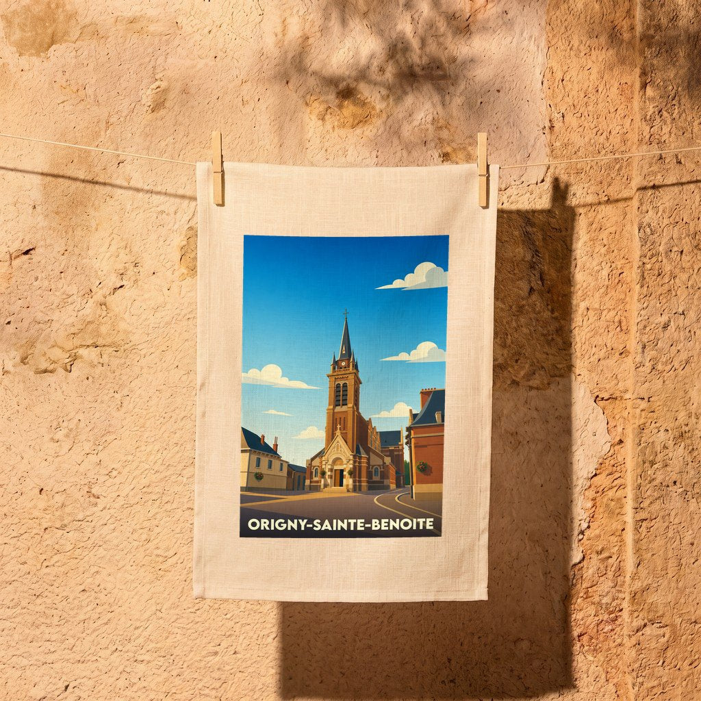 Torchon souvenir de la ville d'Origny-Sainte-Benoite avec une illustration stylisée de son église.