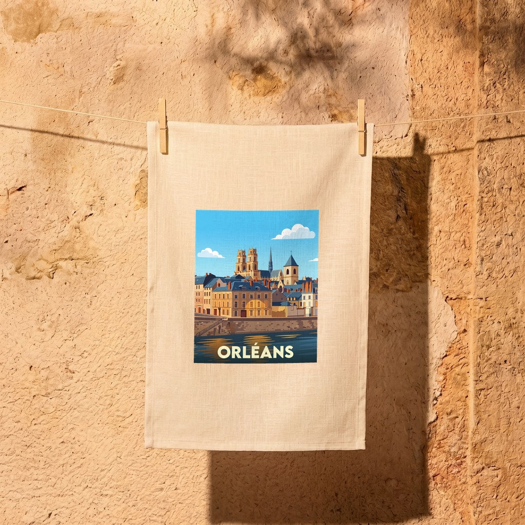 Torchon souvenir de la ville d'Orléans avec une illustration stylisée.