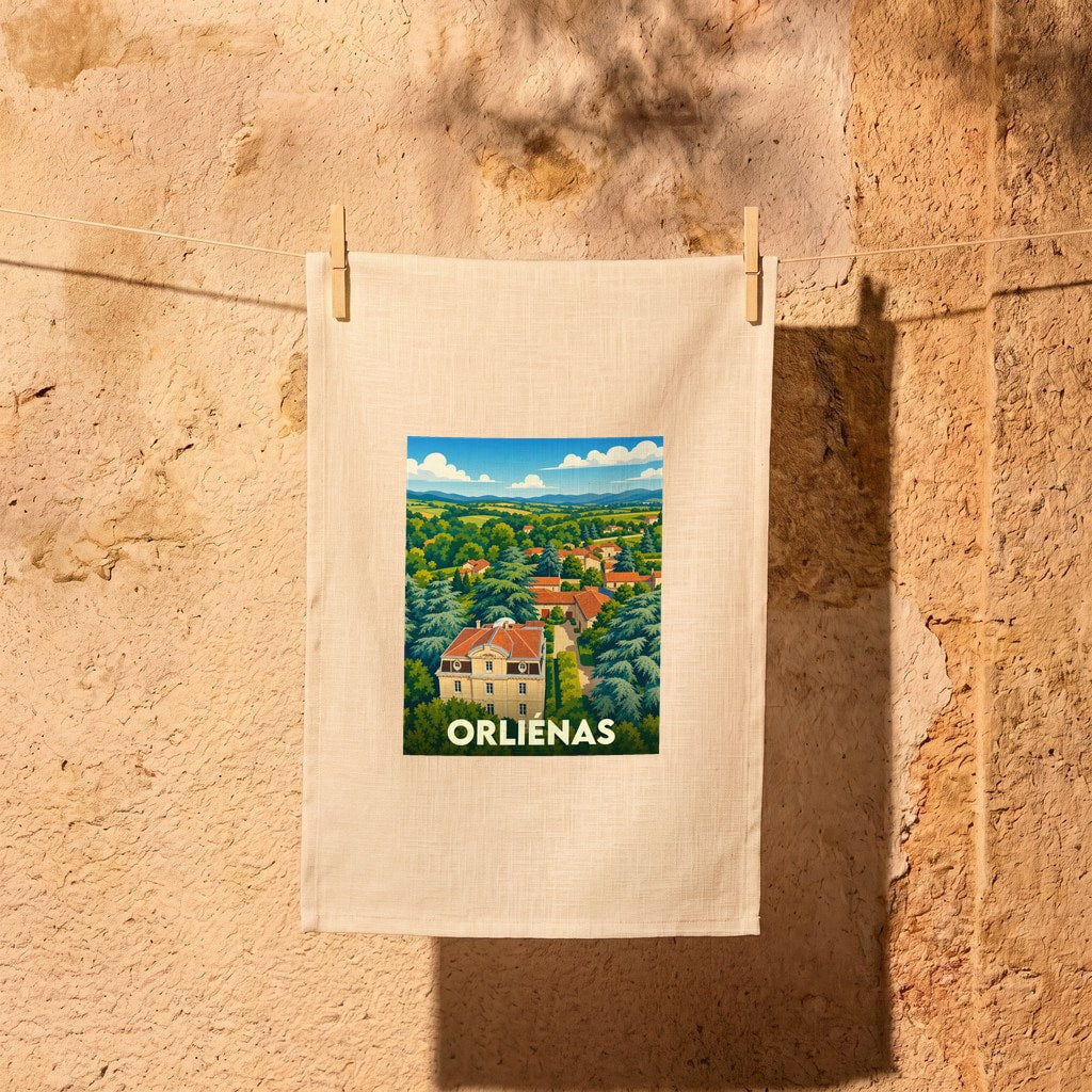 Torchon souvenir de la ville d'Orliénas orné d'une illustration paysagère stylisée.