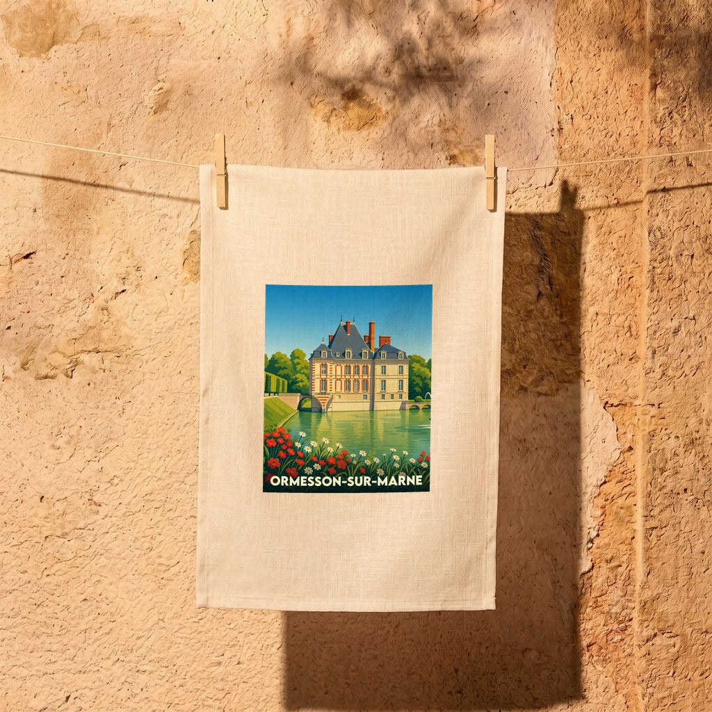 Torchon souvenir de la ville de Ormesson-sur-Marne illustrant son château et son parc dans un style vintage.