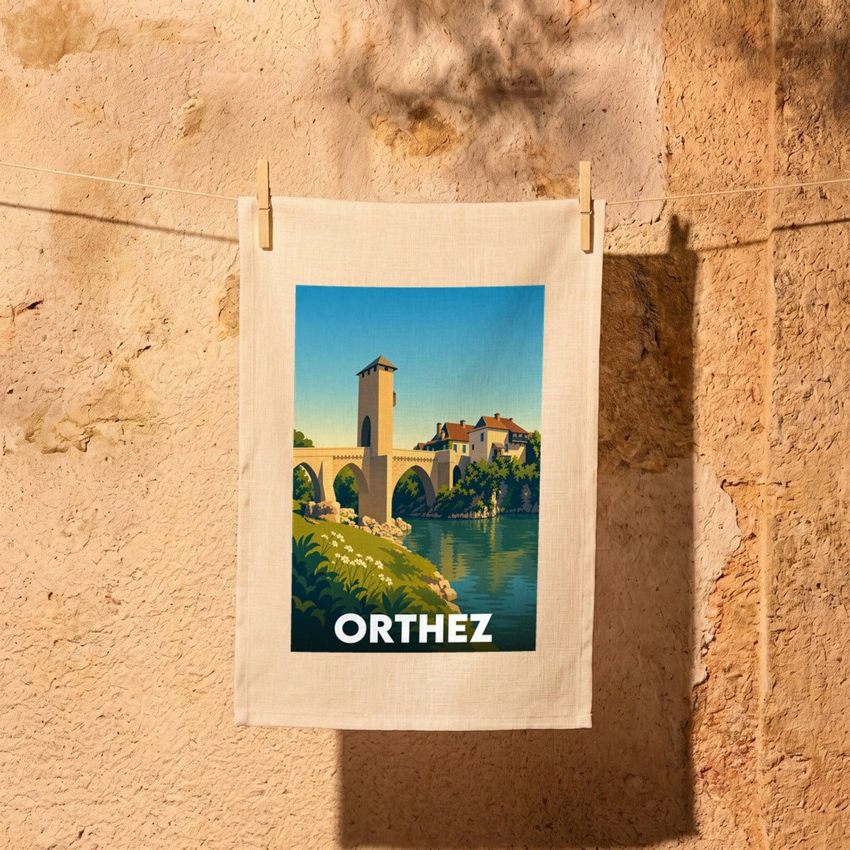 Torchon souvenir de la ville d'Orthez avec une illustration stylisée de son célèbre pont fortifié.