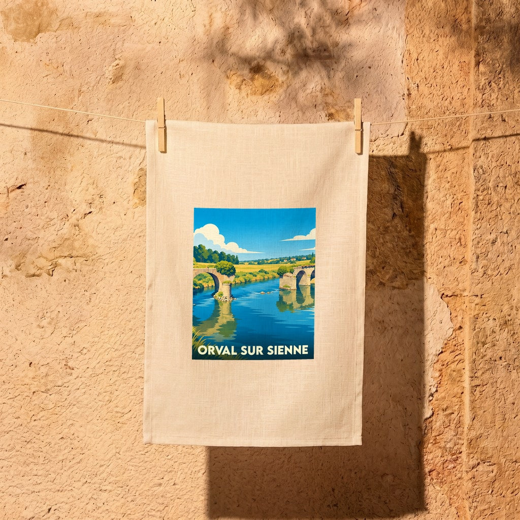 Torchon souvenir de la ville d'Orval sur Sienne avec une illustration stylisée d'un pont en pierre sur une rivière.