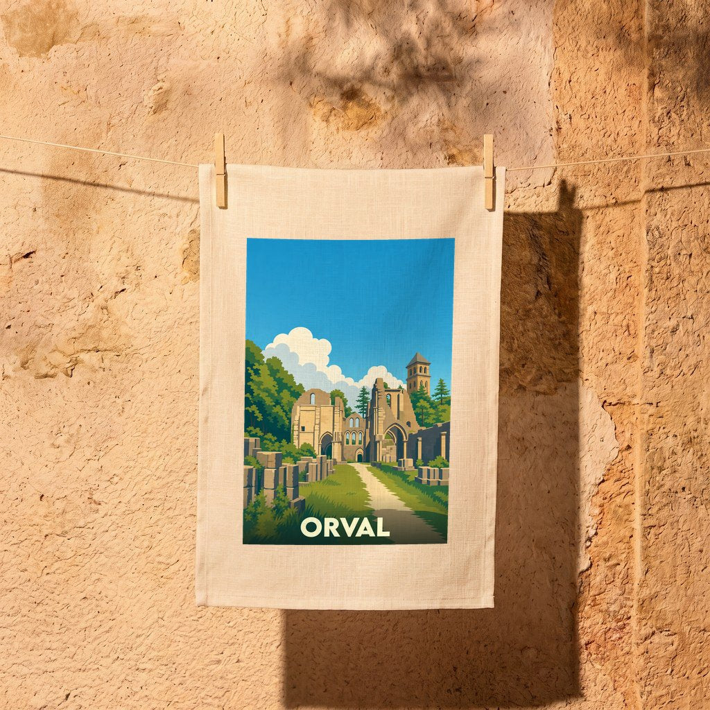 Torchon souvenir de la ville de Orval avec une illustration stylisée de son abbaye en ruines.