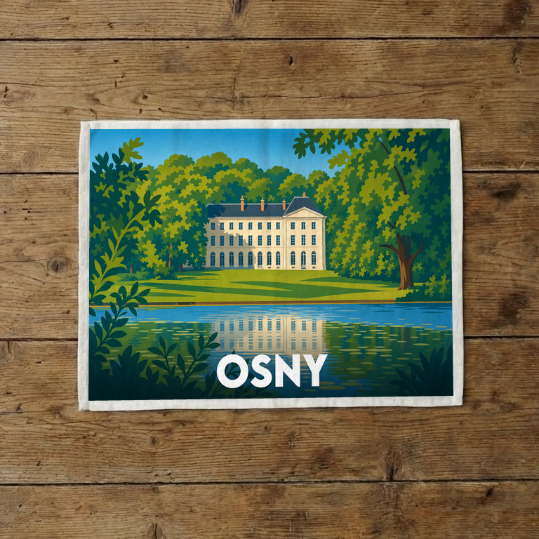 Torchon souvenir de la ville d'Osny avec une illustration stylisée de son château au bord de l'eau.