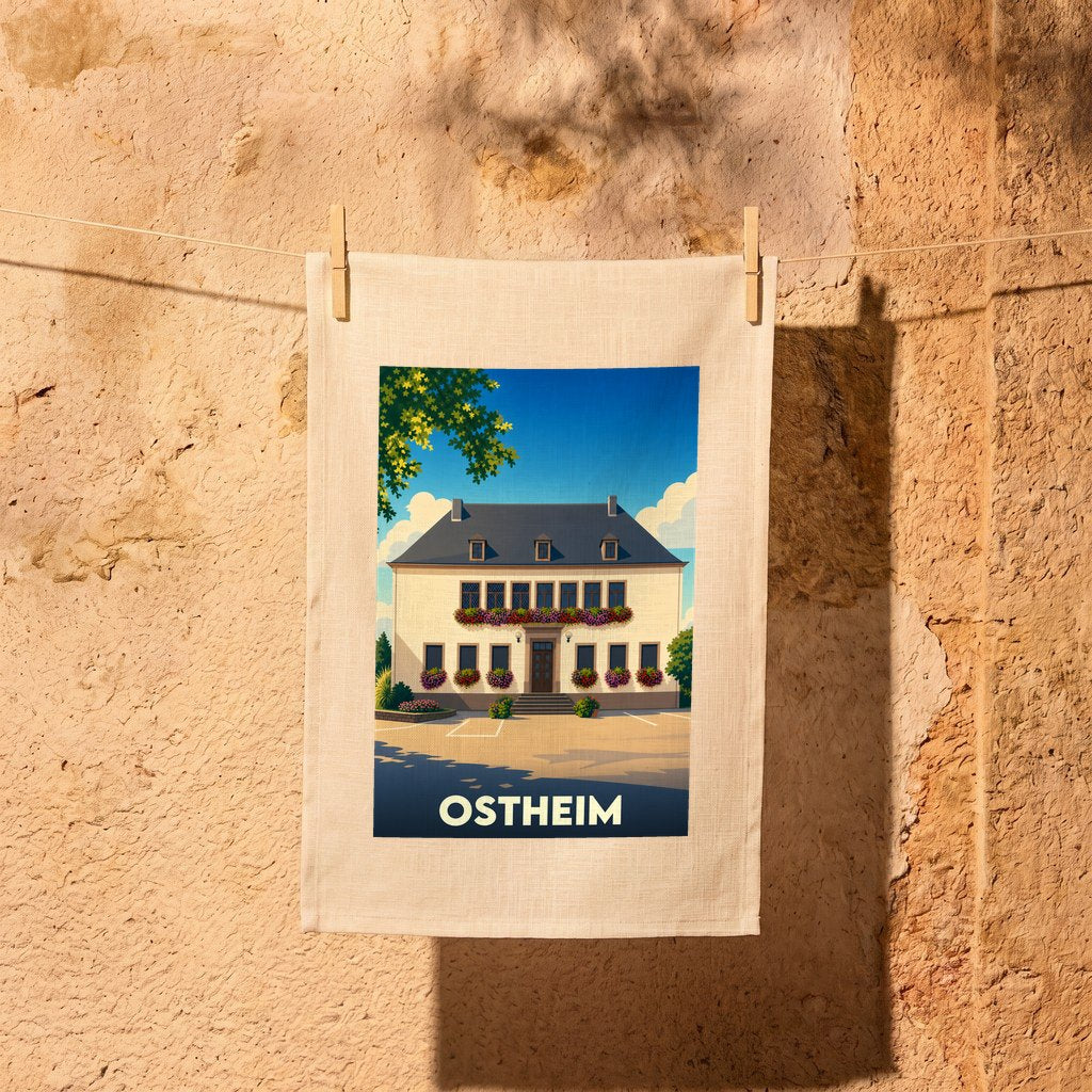 Torchon souvenir de la ville d'Ostheim illustré d'une bâtisse alsacienne stylisée et fleurie.