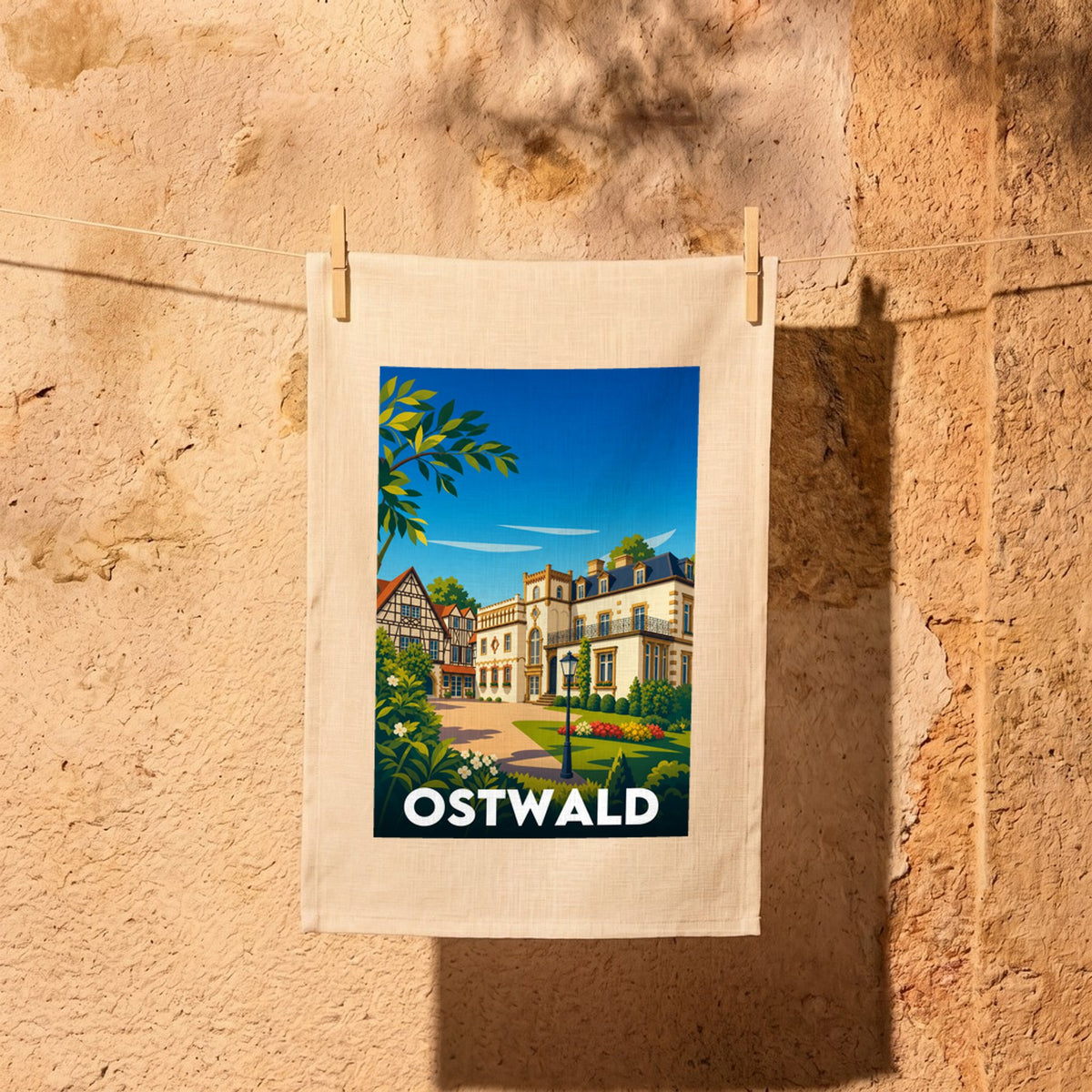 Torchon souvenir de la ville d'Ostwald avec une illustration stylisée de son architecture pittoresque.