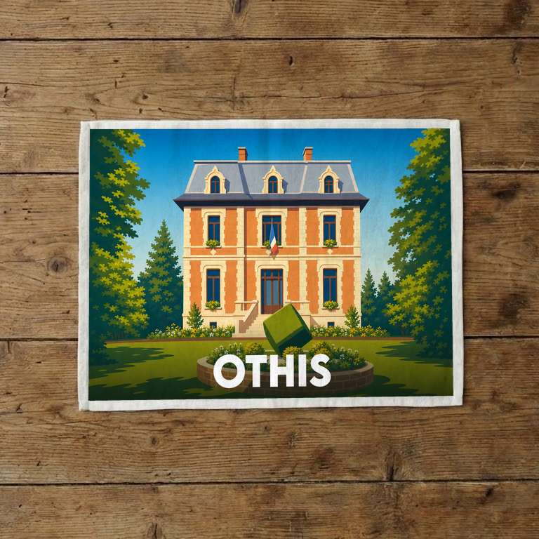 Torchon souvenir de la ville d'Othis avec une illustration stylisée d'une demeure de caractère.