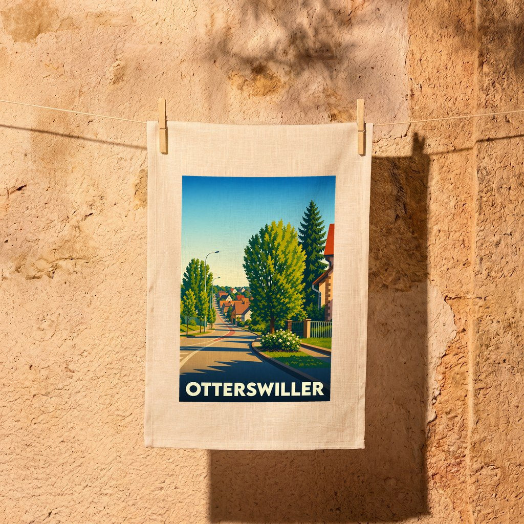 Torchon souvenir de la ville d'Otterswiller avec une illustration stylisée d'une rue arborée.