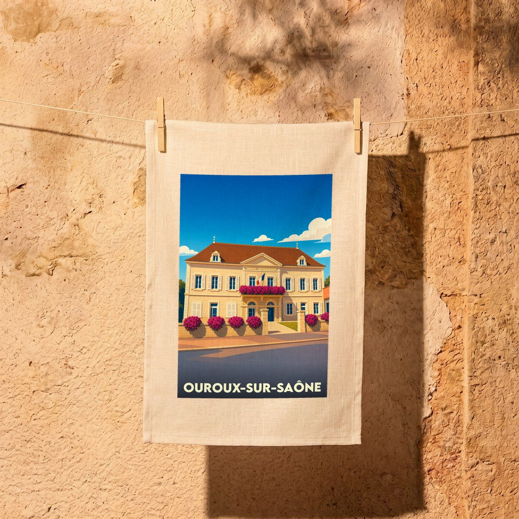 Torchon souvenir de la ville de Ouroux-sur-Saône avec une illustration colorée de la mairie.