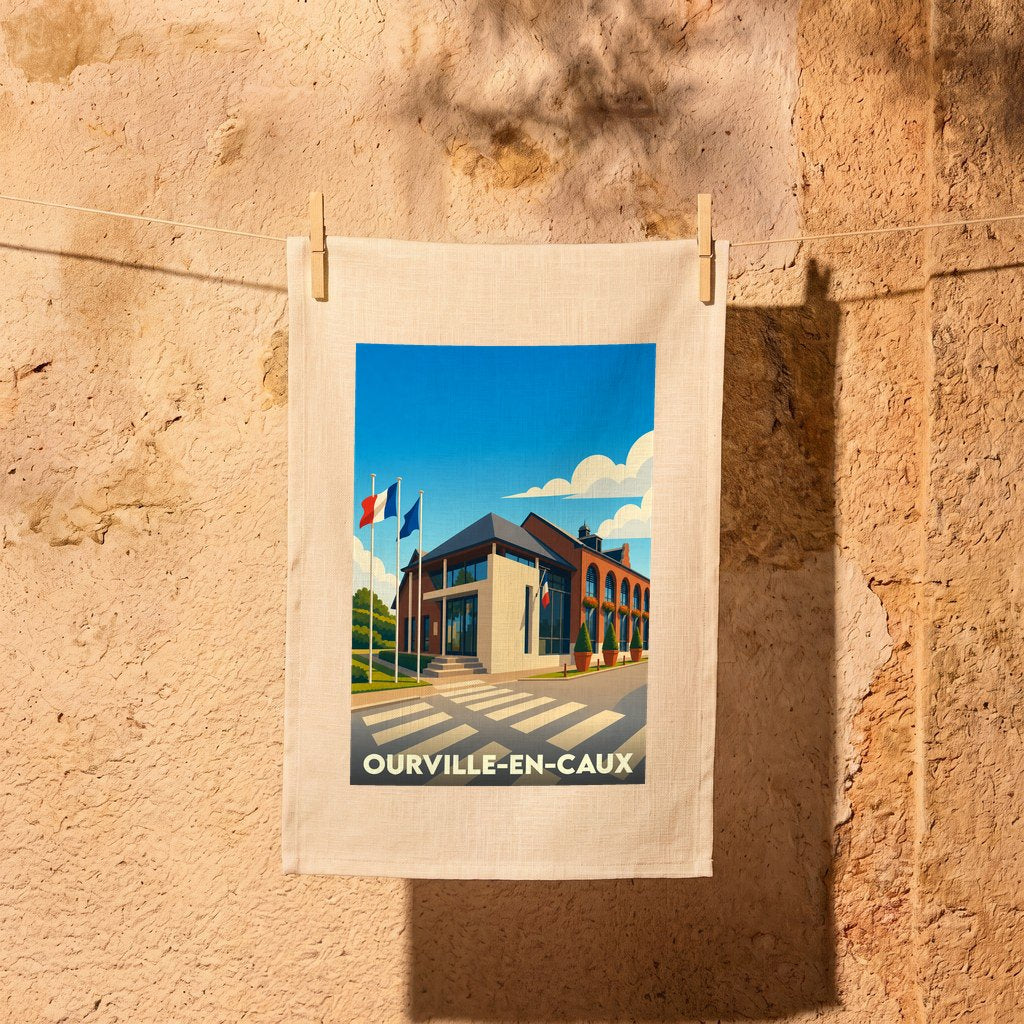 Torchon souvenir de la ville de Ourville-en-Caux avec une illustration stylisée de sa mairie.