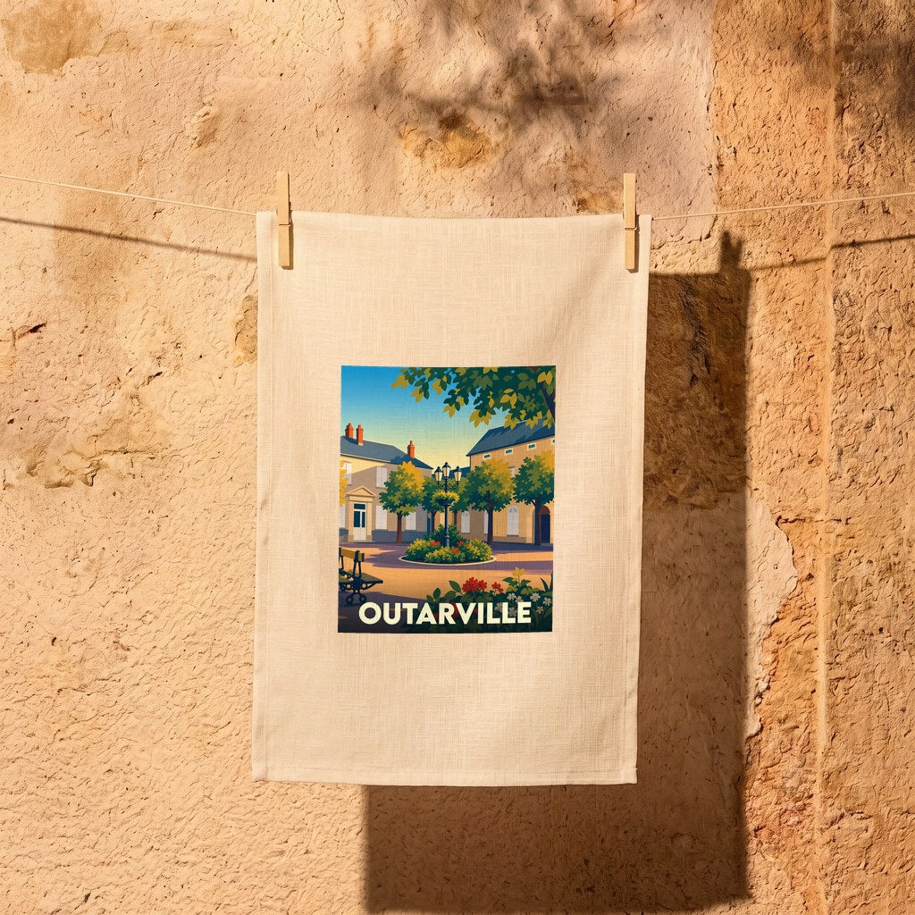 Torchon souvenir de la ville d'Outarville avec une illustration stylisée d'une place ensoleillée.