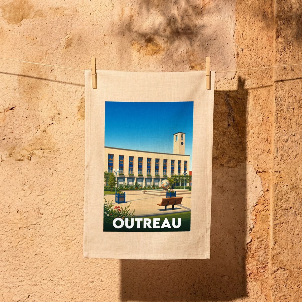 Torchon souvenir de la ville d'Outreau avec une illustration stylisée.