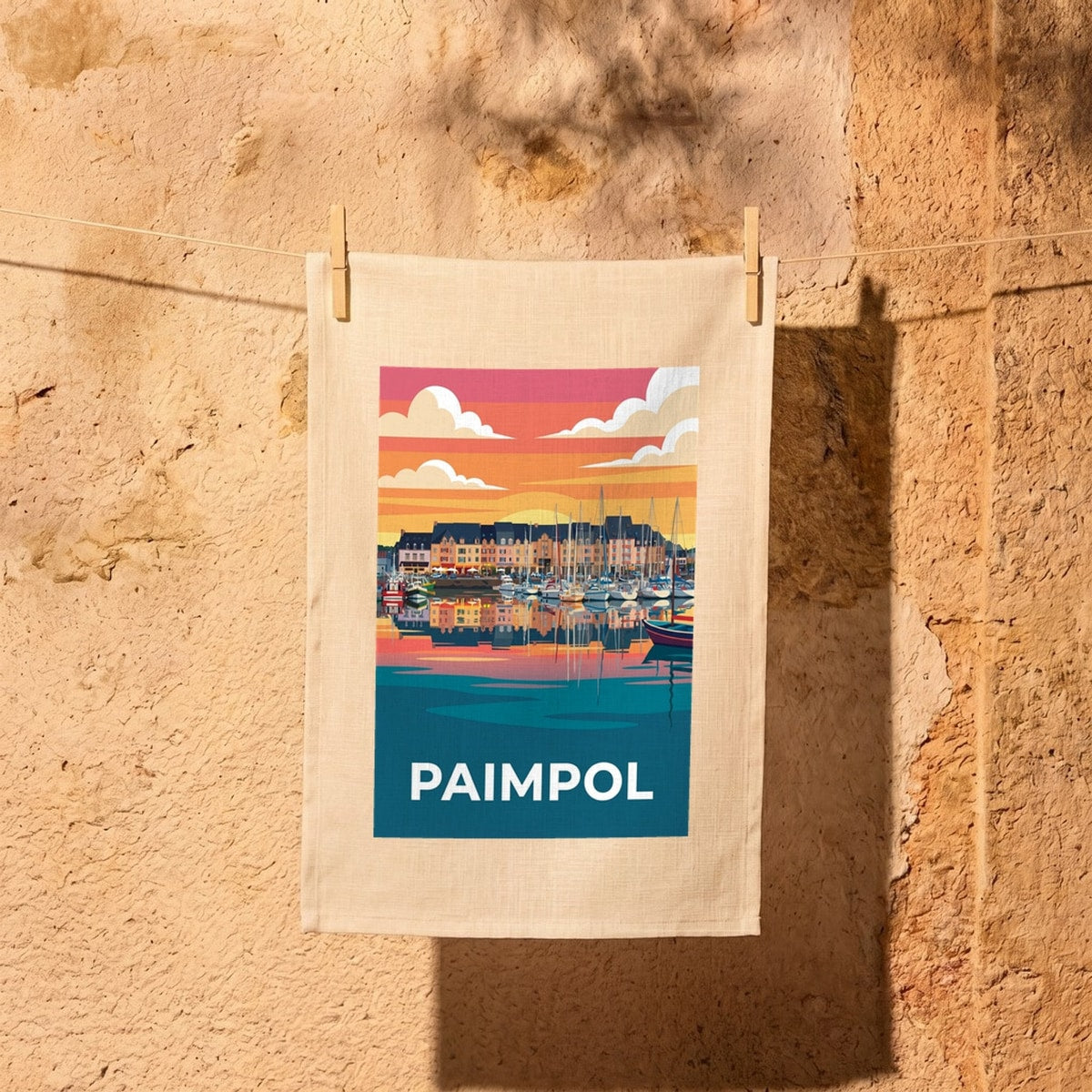 Torchon souvenir de la ville de Paimpol avec une illustration stylisée de son port.