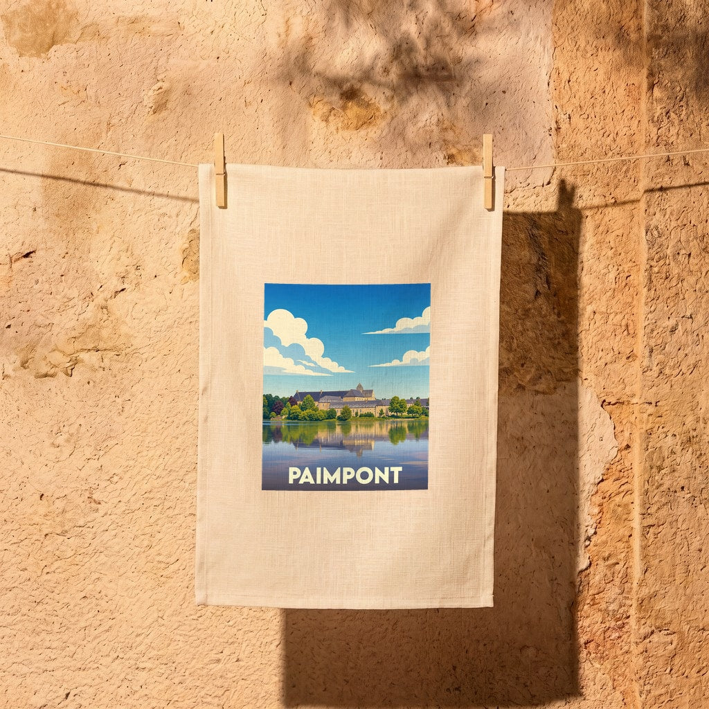 Torchon souvenir de la ville de Paimpont illustré d'un paysage lacustre stylisé.