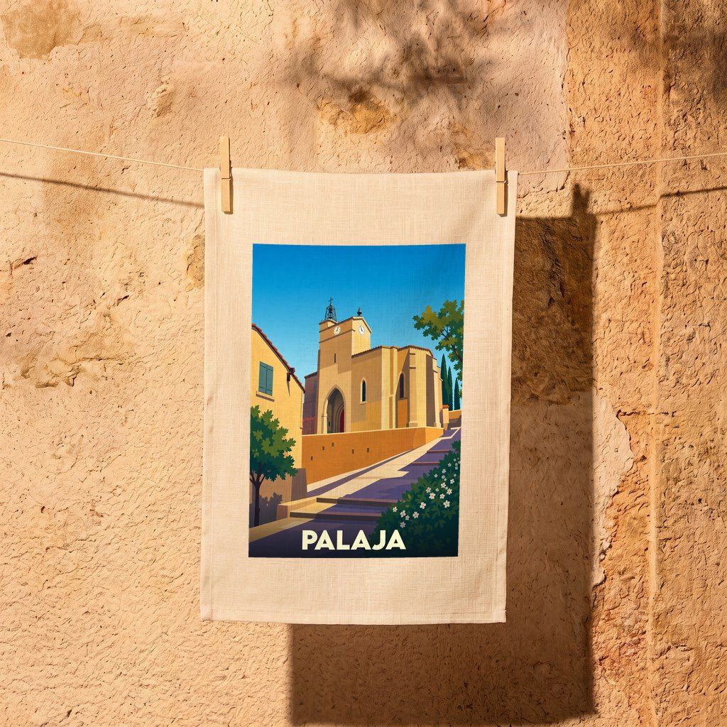 Torchon souvenir de la ville de Palaja avec une illustration stylisée de son église sous un ciel bleu.