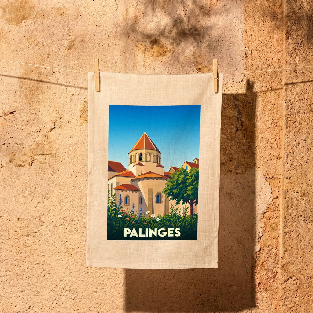 Torchon souvenir de la ville de Palinges avec une illustration stylisée d'une église romane.