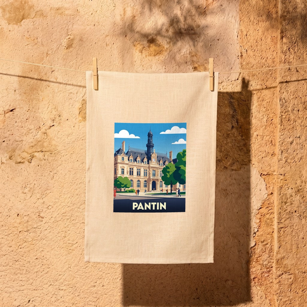 Torchon souvenir de la ville de Pantin avec une illustration stylisée de son hôtel de ville.
