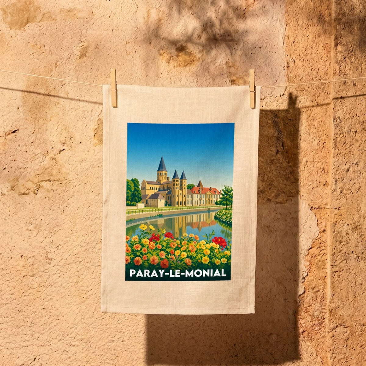 Torchon souvenir de la ville de Paray-le-Monial avec une illustration stylisée.