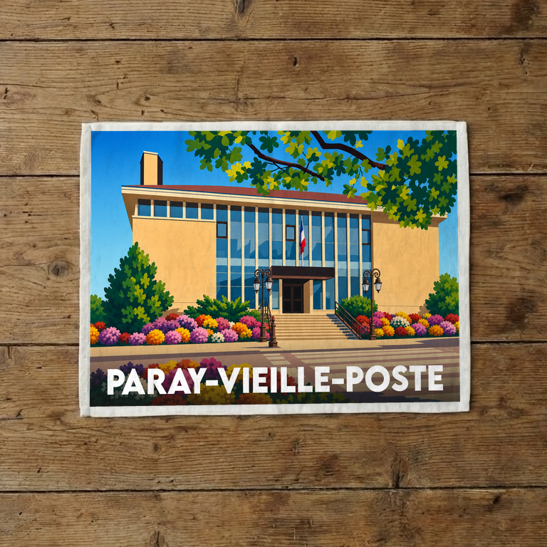 Torchon souvenir de la ville de Paray-Vieille-Poste avec une illustration stylisée de son hôtel de ville fleuri.