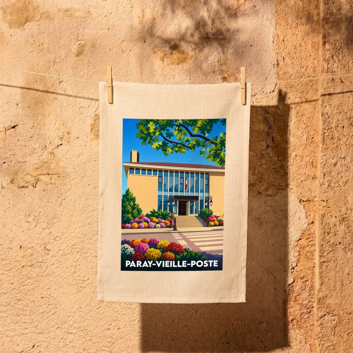 Torchon souvenir de la ville de Paray-Vieille-Poste avec une illustration stylisée de son hôtel de ville fleuri.