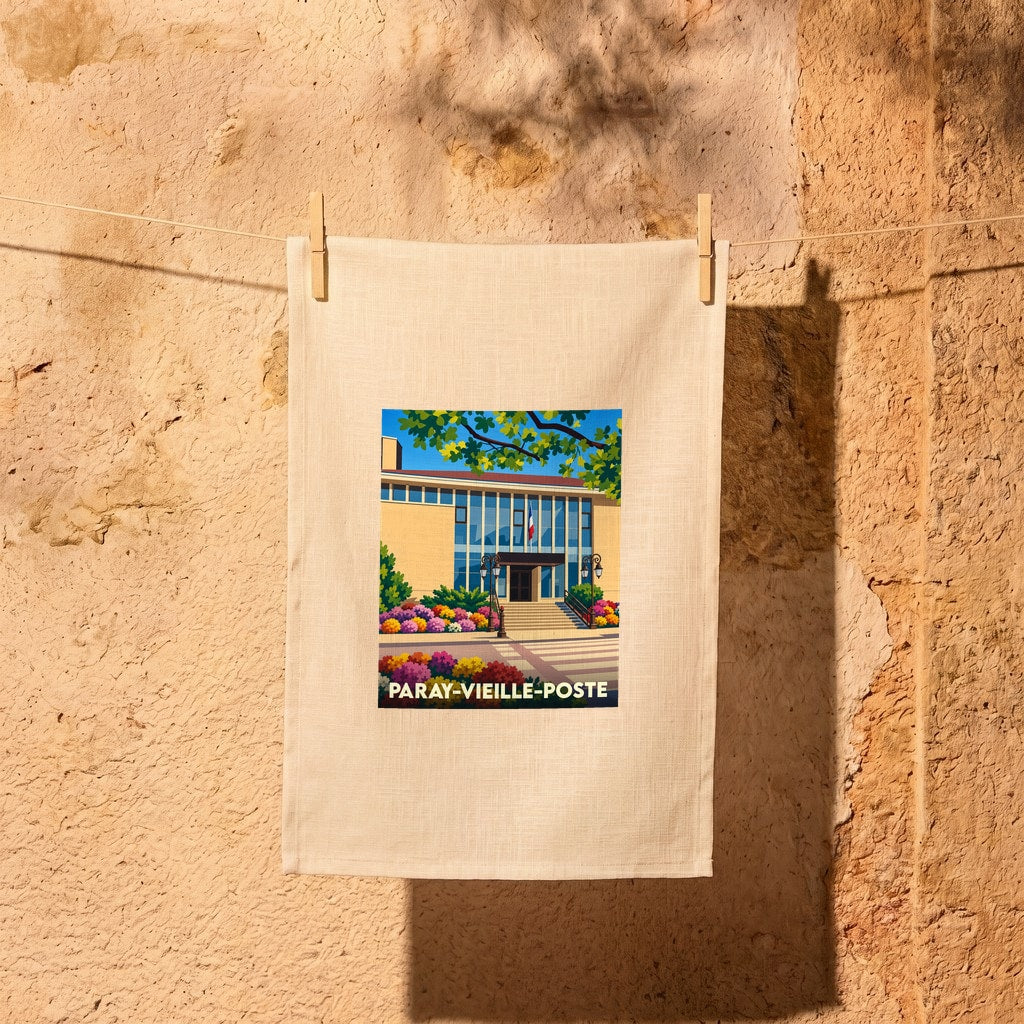 Torchon souvenir de la ville de Paray-Vieille-Poste avec une illustration stylisée de son hôtel de ville fleuri.