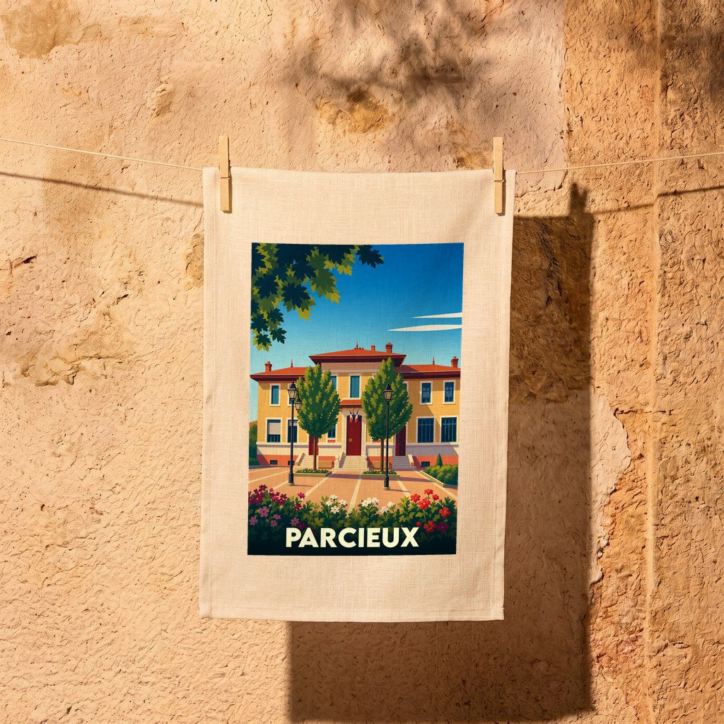Torchon souvenir de la ville de Parcieux orné d'une illustration stylisée de son hôtel de ville.