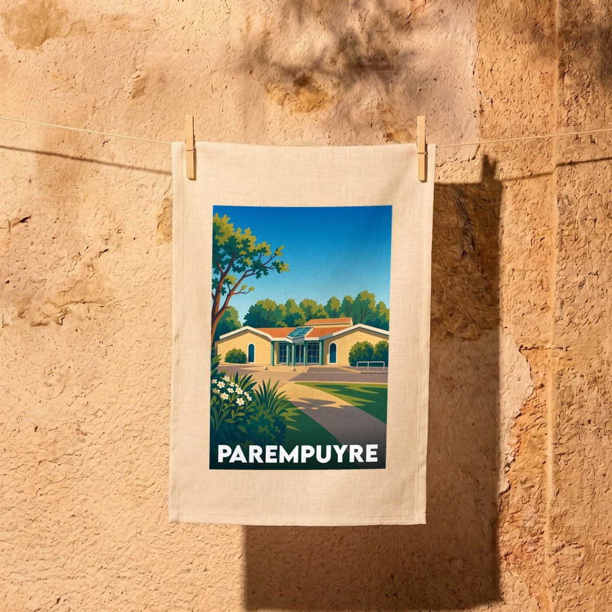 Torchon souvenir de la ville de Parempuyre avec une illustration stylisée de son architecture.