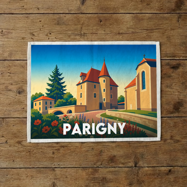 Torchon souvenir de la ville de Parigny avec une illustration stylisée de son patrimoine architectural.