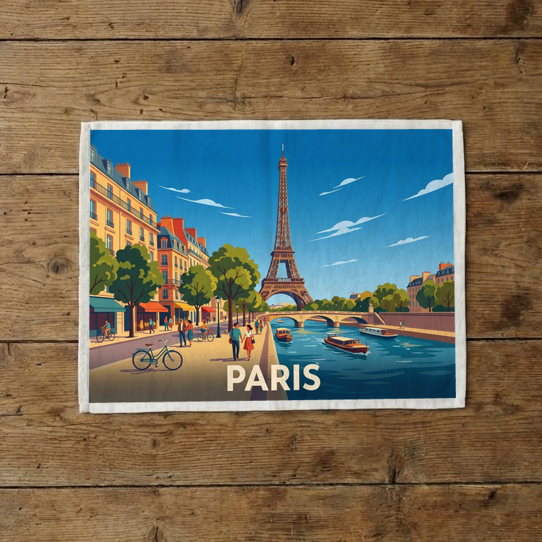 Torchon souvenir de la ville de Paris avec une illustration stylisée de la Seine et de la tour Eiffel.