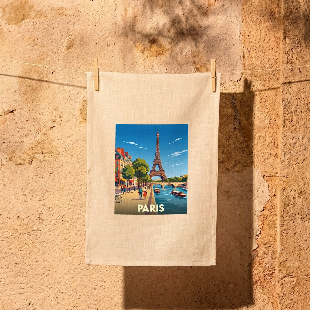 Torchon souvenir de la ville de Paris avec une illustration stylisée de la Seine et de la tour Eiffel.