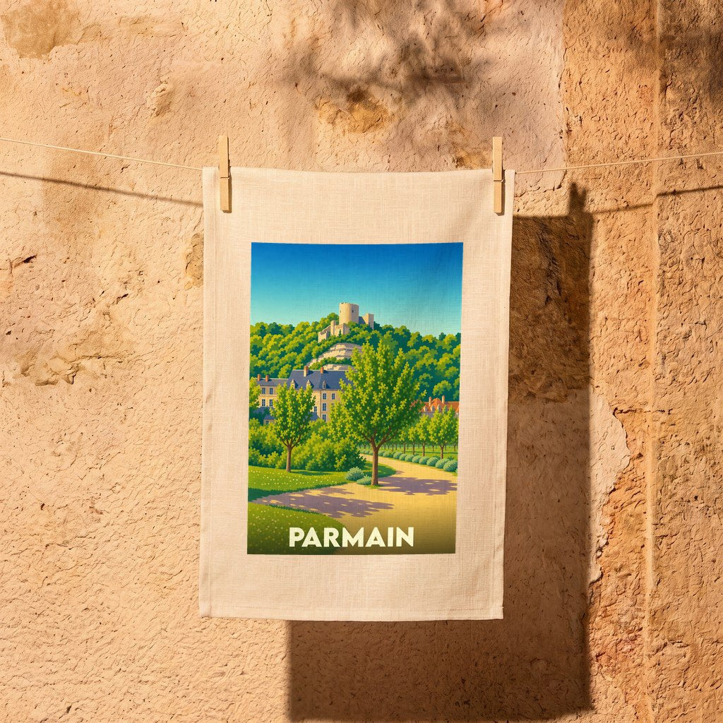 Torchon souvenir de la ville de Parmain avec une illustration stylisée et colorée.