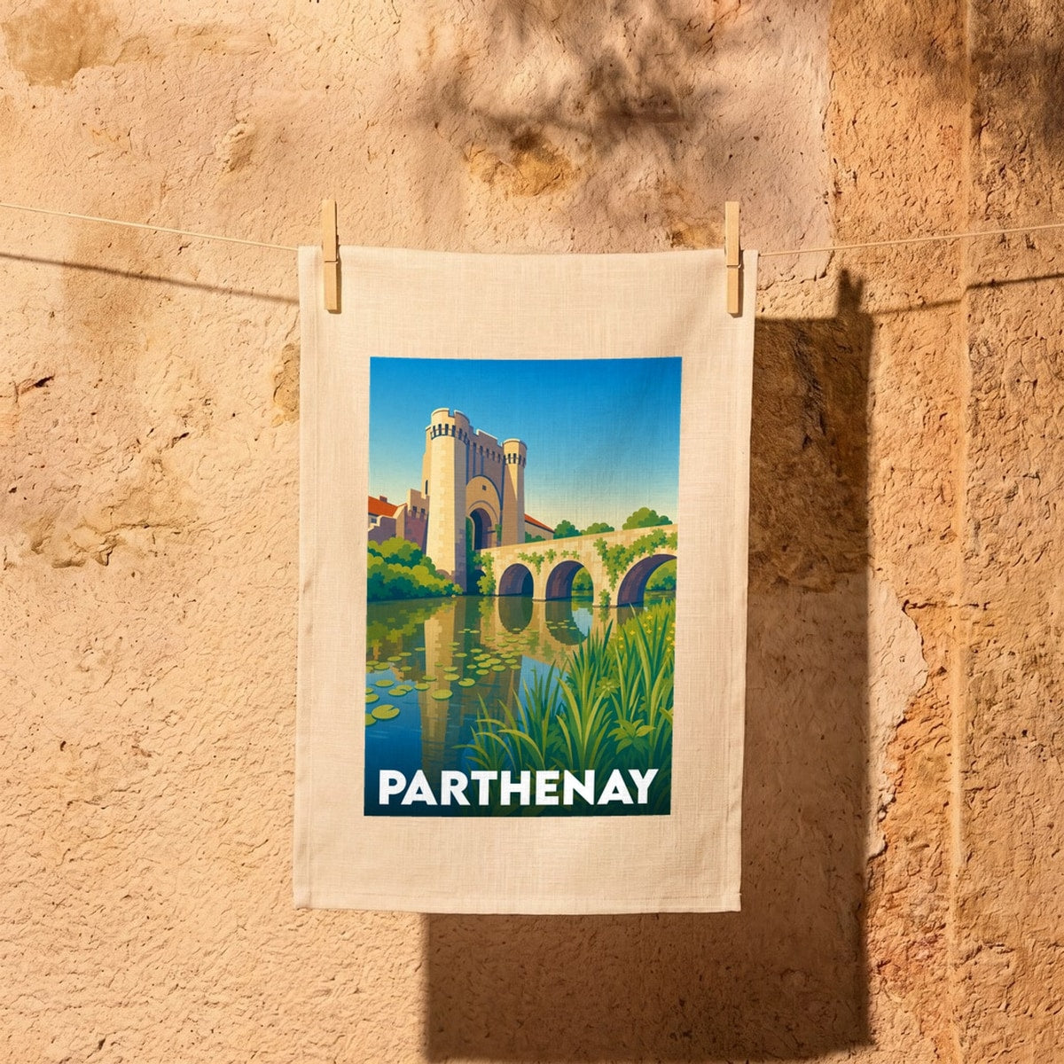 Torchon souvenir de la ville de Parthenay illustré d'un pont médiéval et de sa tour fortifiée.