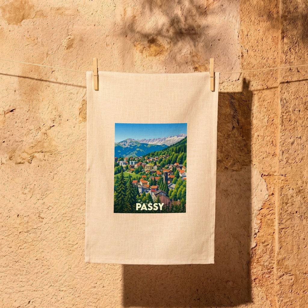 Torchon souvenir de la ville de Passy illustré d'un village de montagne niché dans une forêt alpine.