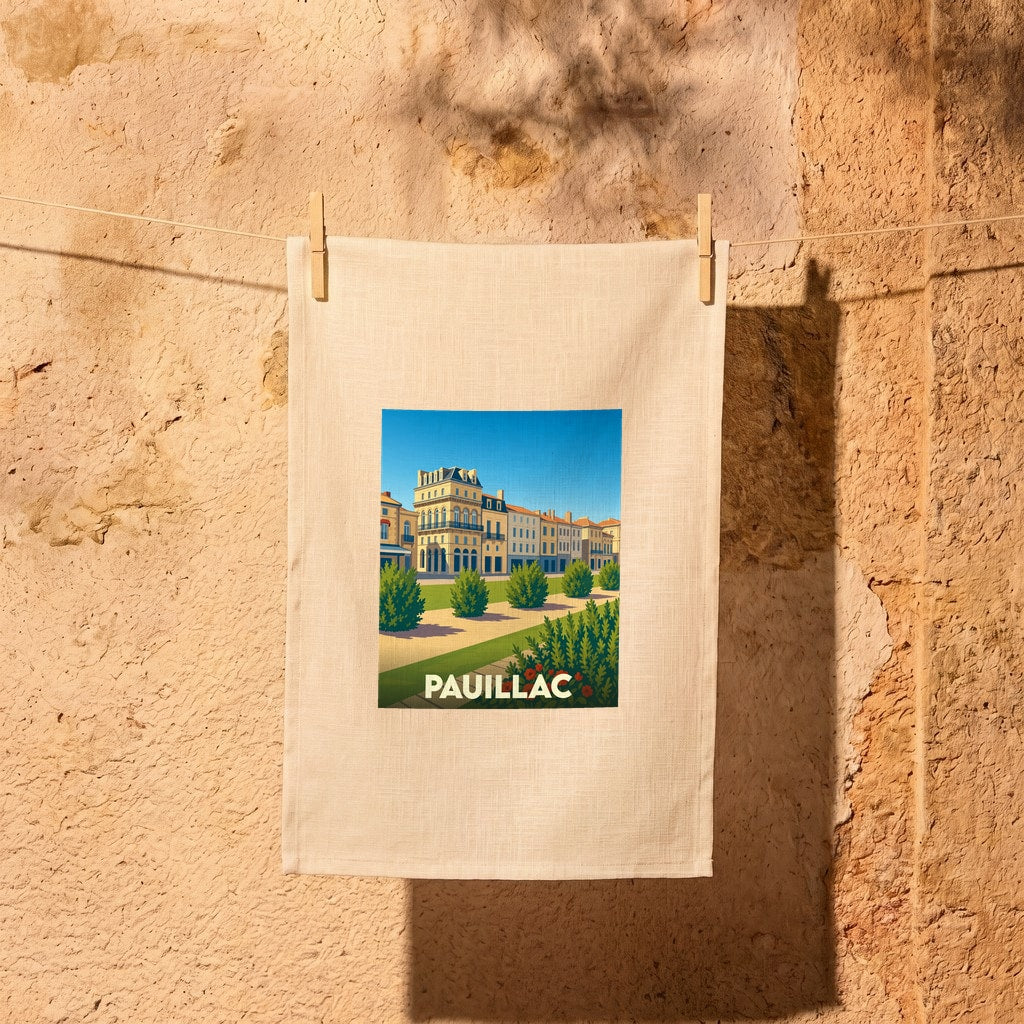 Torchon souvenir de la ville de Pauillac avec une illustration stylisée et colorée du front de mer.