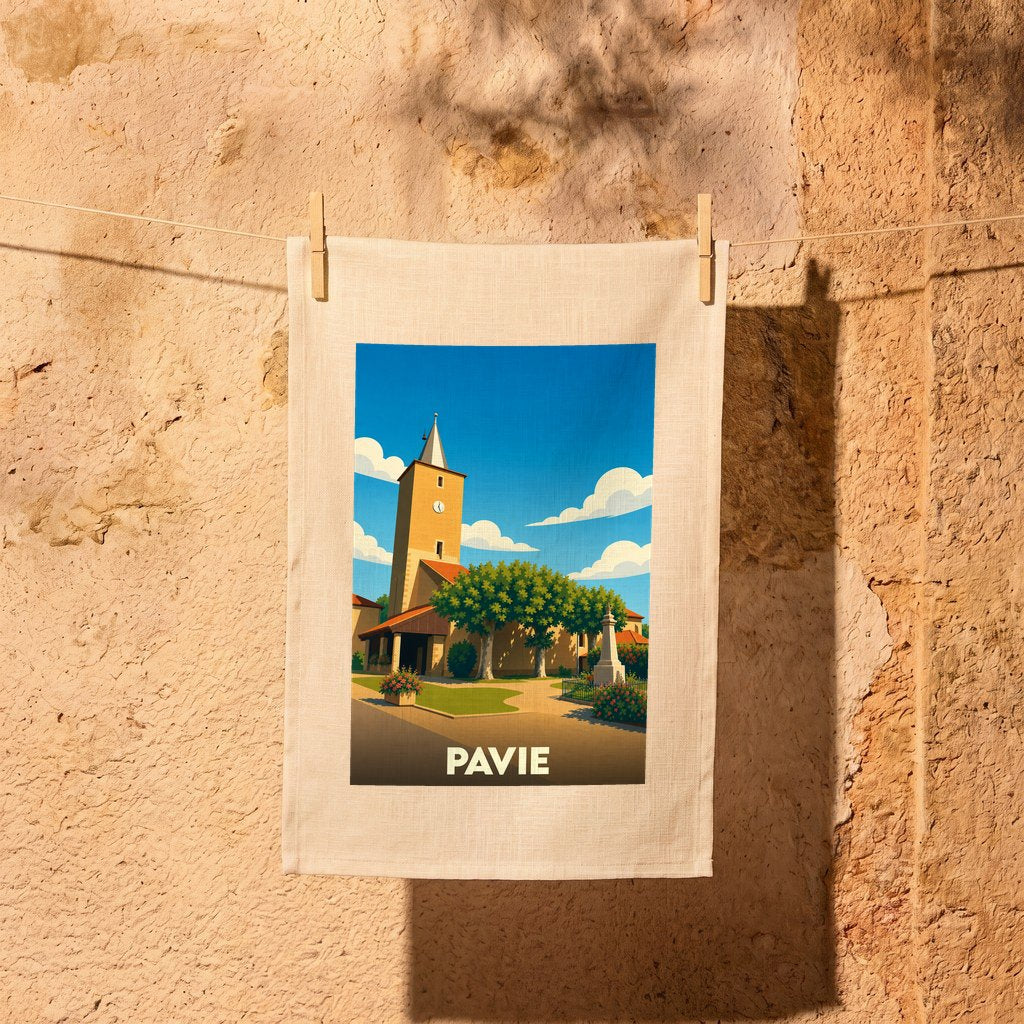 Torchon souvenir de la ville de Pavie avec une illustration stylisée de son église et de son clocher.