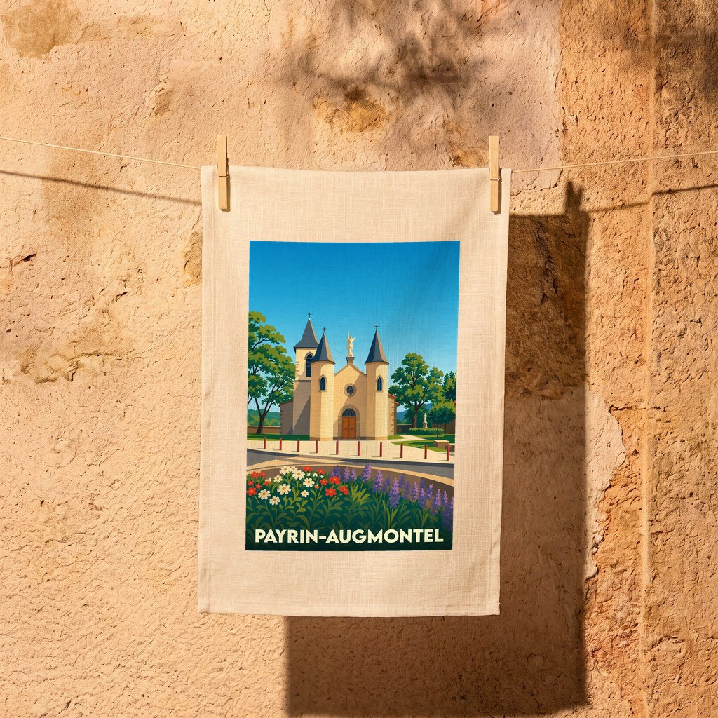Torchon souvenir de la ville de Payrin-Augmontel avec une illustration stylisée de son église.
