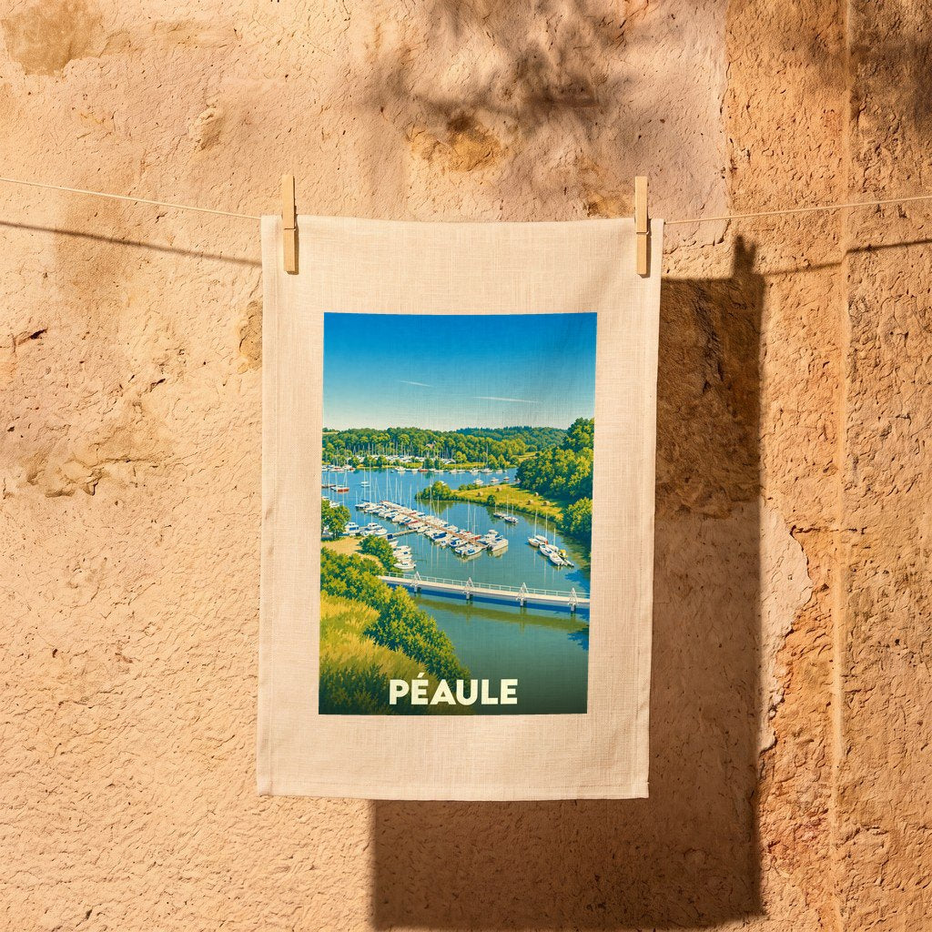 Torchon souvenir de la ville de Péaule avec une illustration stylisée de son port de plaisance.