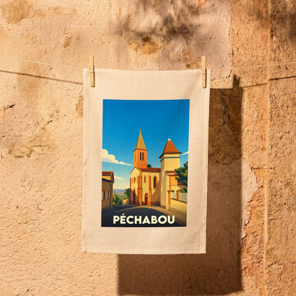 Torchon souvenir de la ville de Péchabou avec une illustration stylisée de son église sous un ciel bleu.