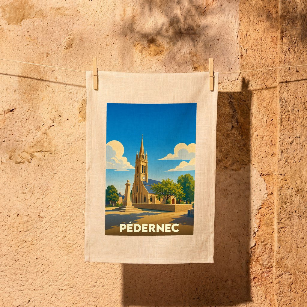 Torchon souvenir de la ville de Pédernec avec une illustration stylisée de son église.