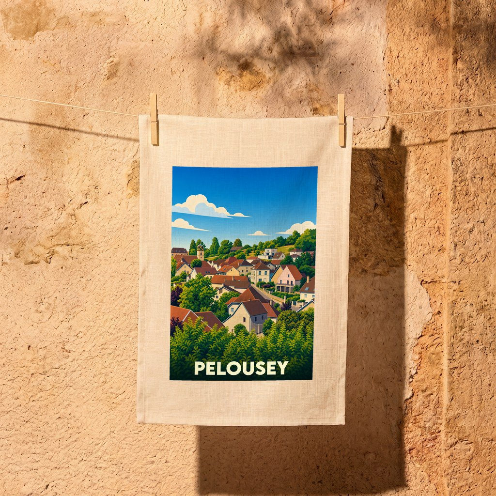 Torchon souvenir de la ville de Pelousey illustré par une vue panoramique stylisée du village.