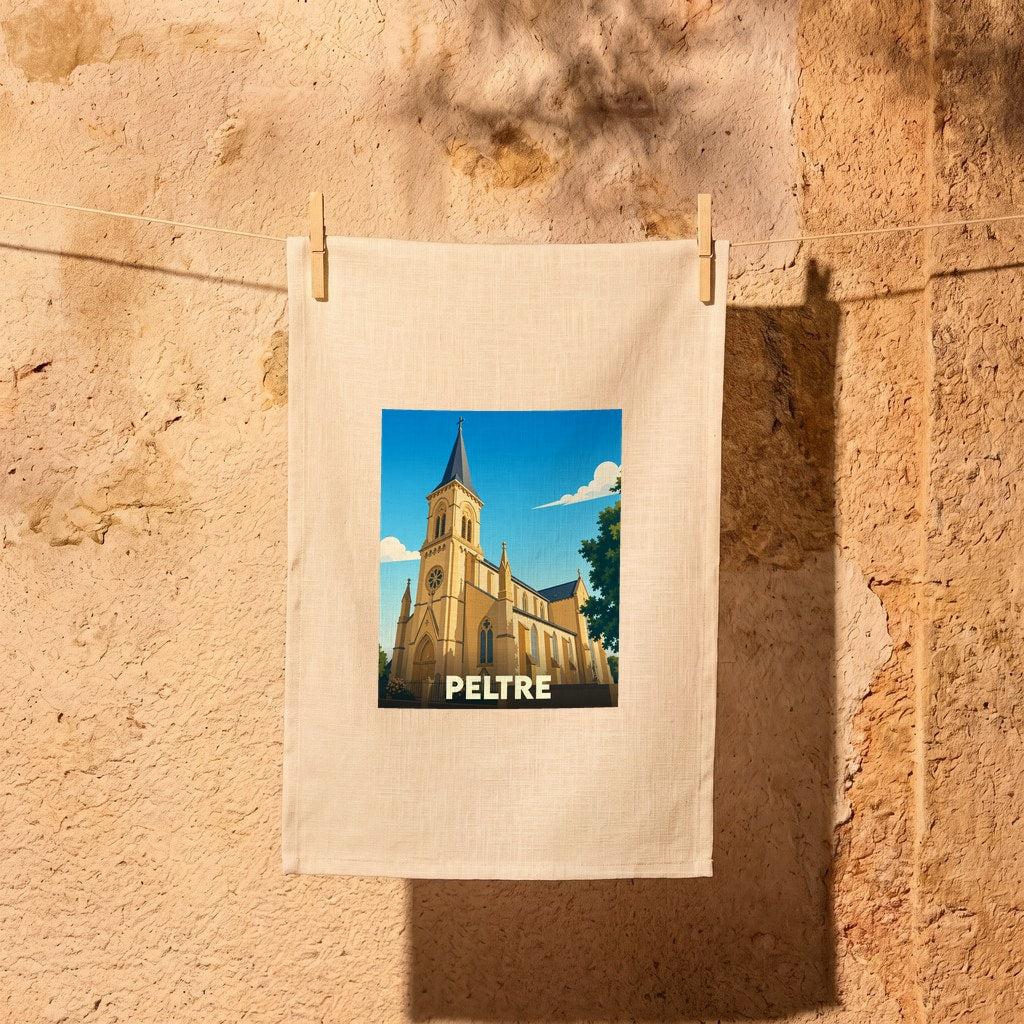 Torchon souvenir de la ville de Peltre avec une illustration stylisée d'une église.