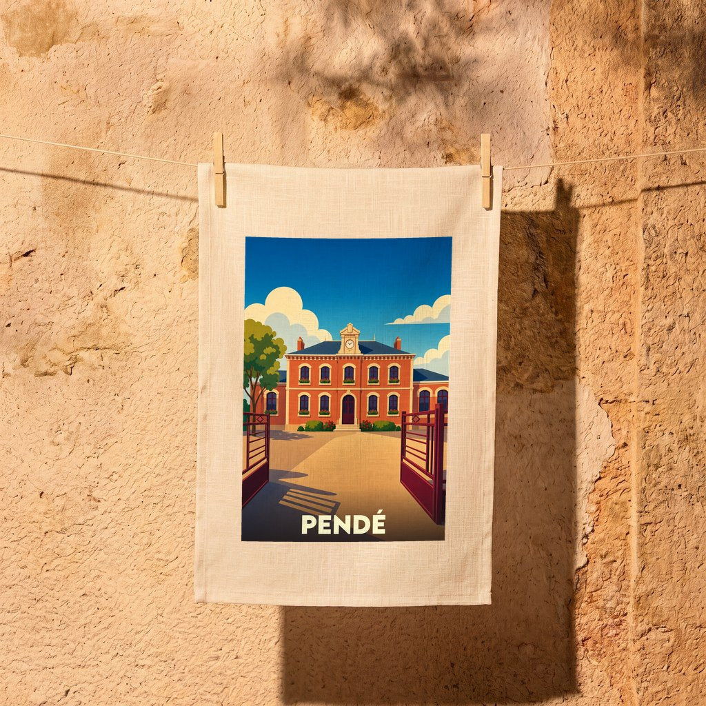 Torchon souvenir de la ville de Pendé avec une illustration stylisée de sa mairie.