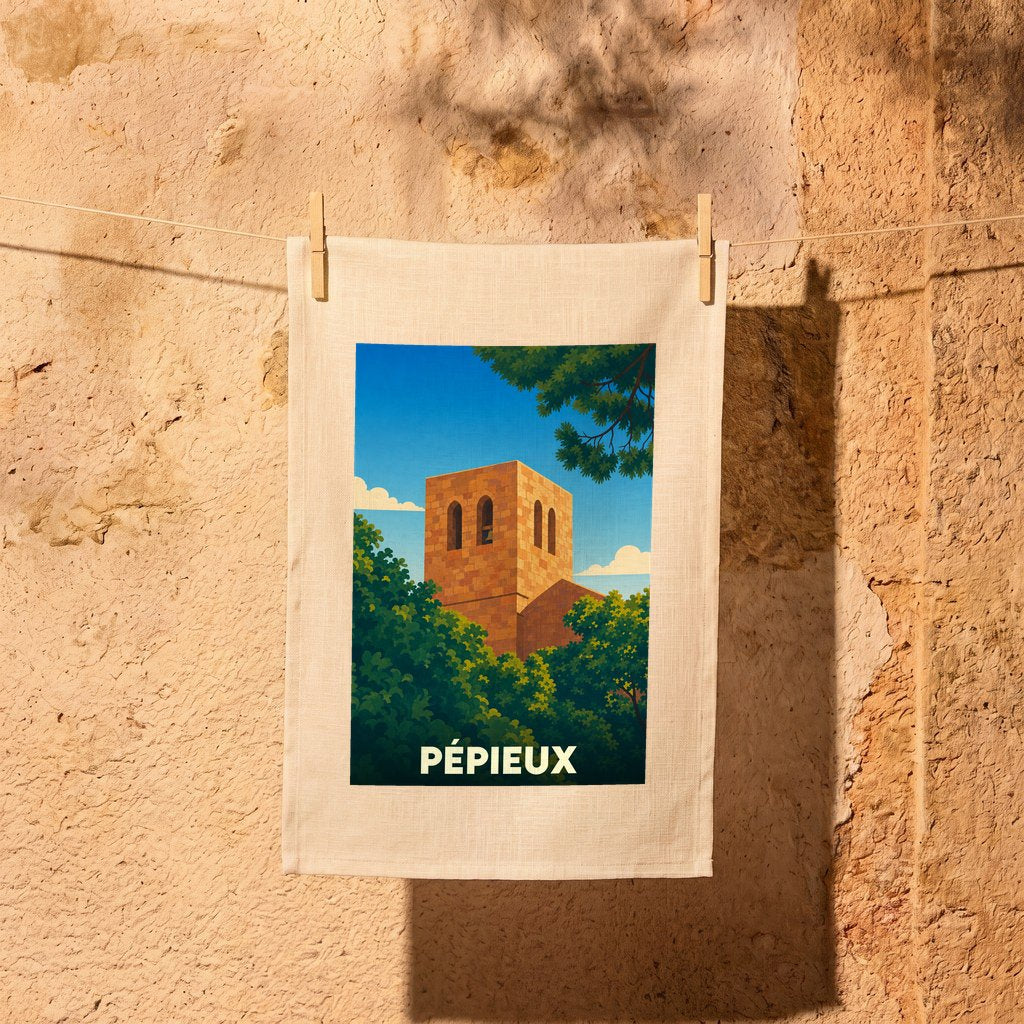 Torchon souvenir de la ville de Pépieux illustré d'un clocher en pierre entouré de végétation.