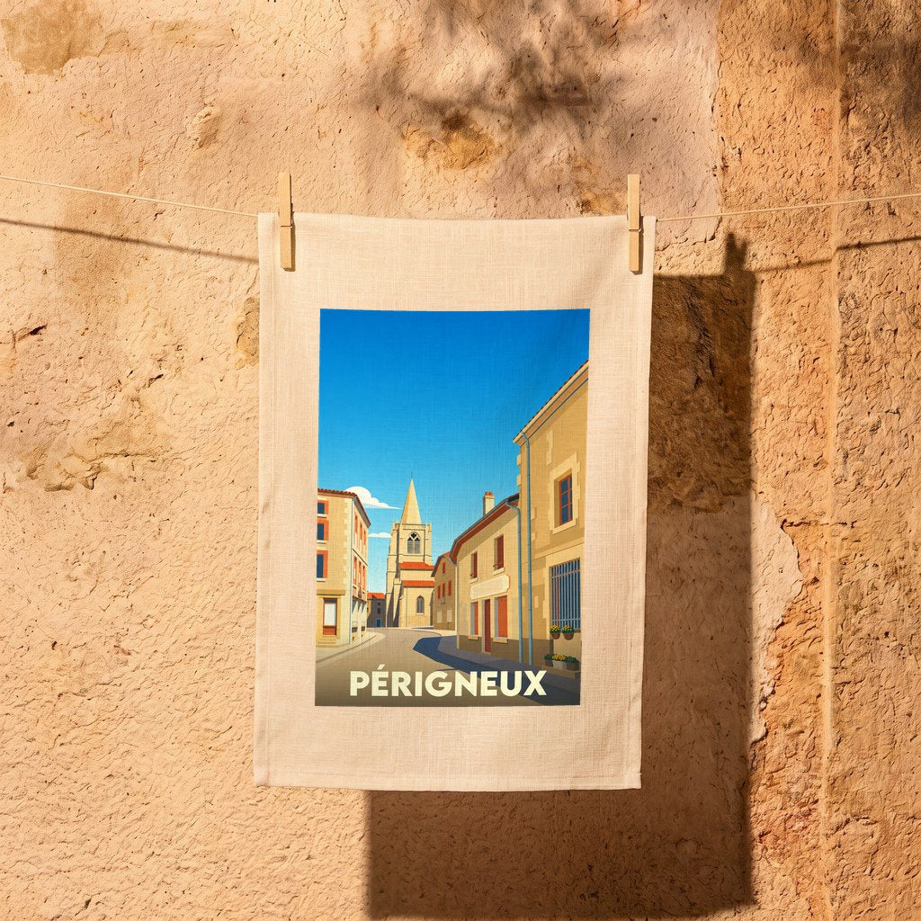 Torchon souvenir de la ville de Périgneux avec une illustration stylisée d'une rue pittoresque.