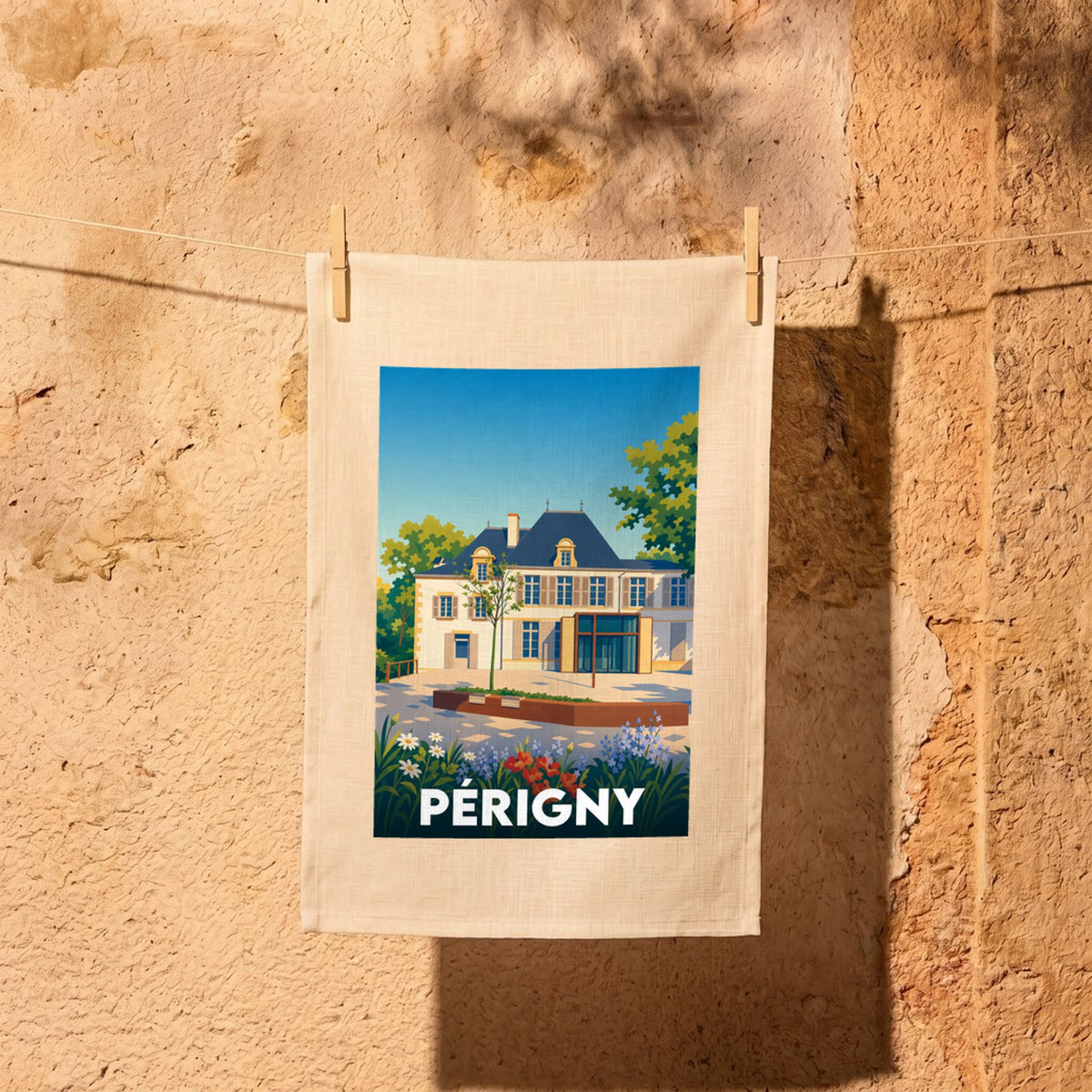 Torchon souvenir de la ville de Périgny avec une illustration stylisée de son patrimoine architectural.