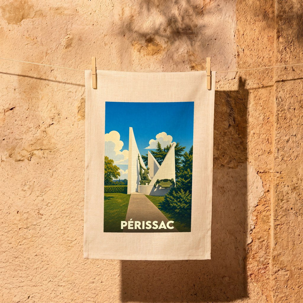 Torchon souvenir de la ville de Périssac avec une illustration stylisée d'un monument.