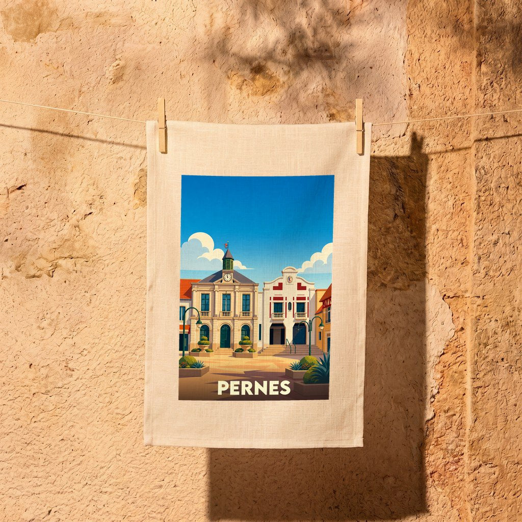 Torchon souvenir de la ville de Pernes orné d'une illustration stylisée de sa place centrale.